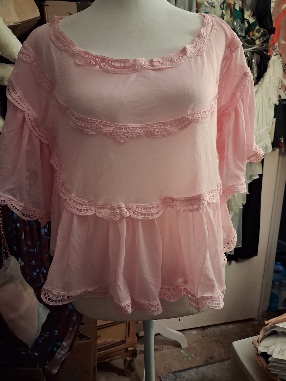 New, Pink Lace-Trim Sheer Mesh Poncho Cover-Up Top,Open Flutter Sleeves Size Med